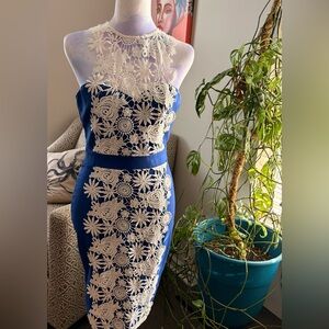 Royal Blue Strapless Dress with Cream Floral Lace Accent